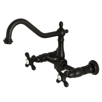 Kingston Brass matte black double-handle 2-hole wall-mount bridge kitchen faucet on a white background