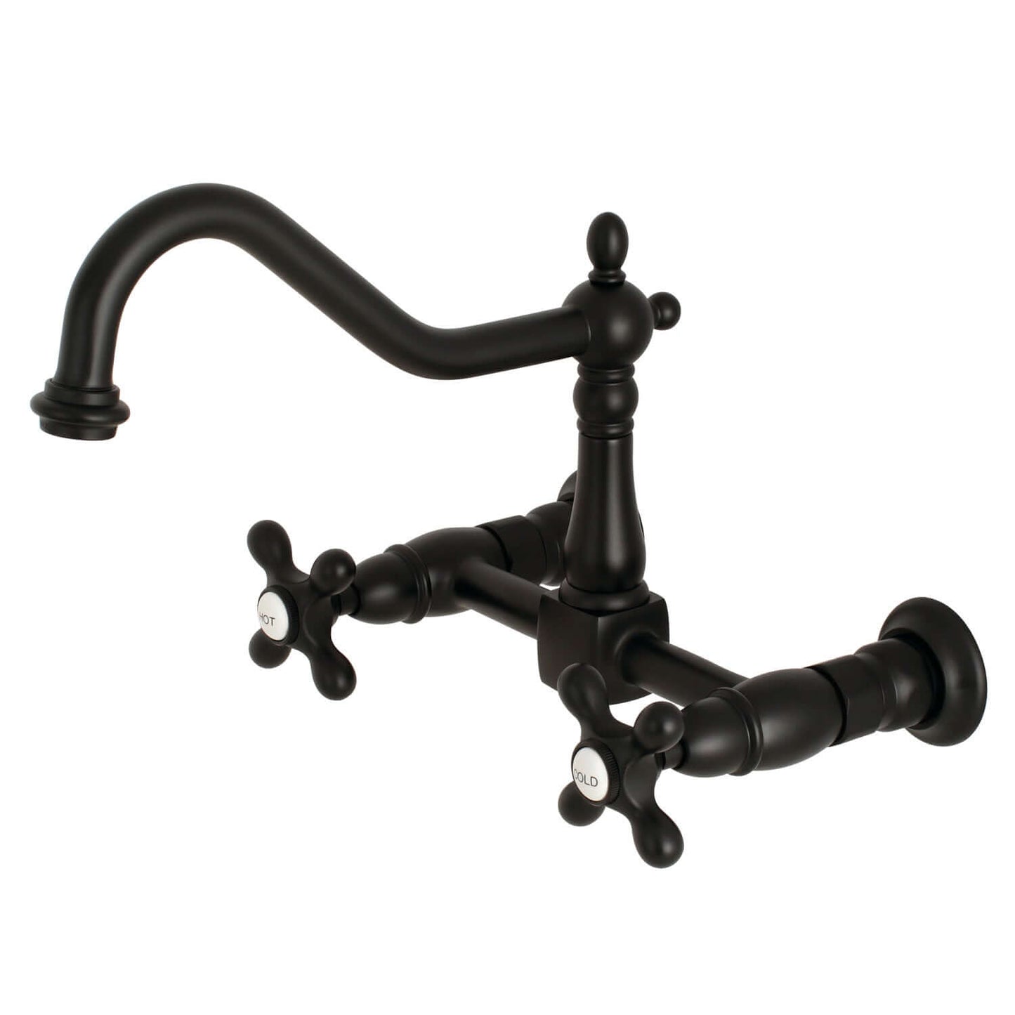 Kingston Brass matte black double-handle 2-hole wall-mount bridge kitchen faucet on a white background