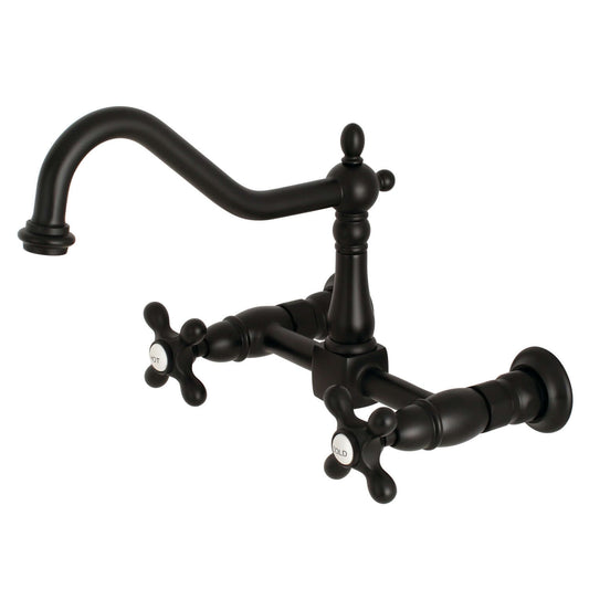 Kingston Brass matte black double-handle 2-hole wall-mount bridge kitchen faucet on a white background
