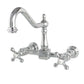 Kingston Brass Chrome Double-Handle 2-Hole Wall-Mount Bridge Kitchen Faucet with cross handles on a white background