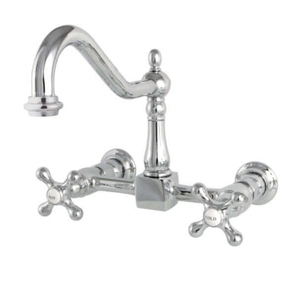 Kingston Brass Chrome Double-Handle 2-Hole Wall-Mount Bridge Kitchen Faucet with cross handles on a white background