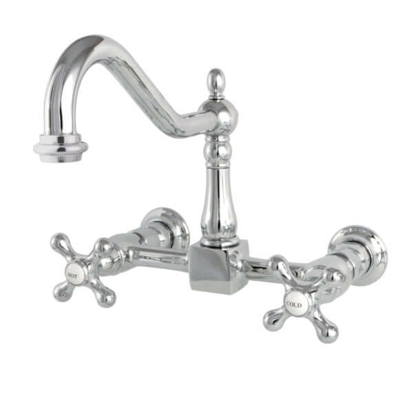Kingston Brass Chrome Double-Handle 2-Hole Wall-Mount Bridge Kitchen Faucet with cross handles on a white background