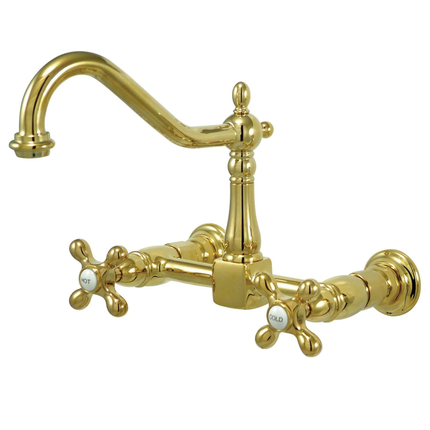 Kingston Brass polished brass double-handle 2-hole wall-mount bridge kitchen faucet on a white background