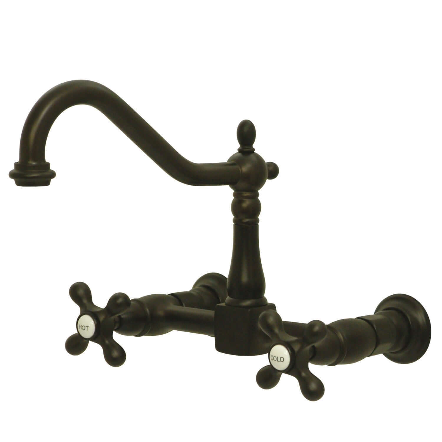 Kingston Brass oil rubbed bronze double-handle 2-hole wall-mount bridge kitchen faucet with cross handles on a white background