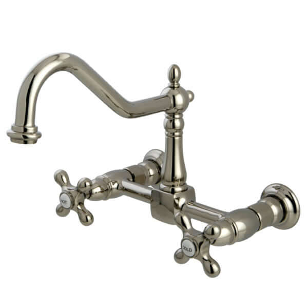 Kingston Brass polished nickel double-handle 2-hole wall-mount bridge kitchen faucet with a white background