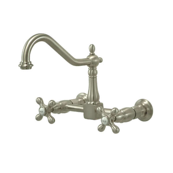 Kingston Brass brushed nickel double-handle 2-hole wall-mount bridge kitchen faucet on a white background