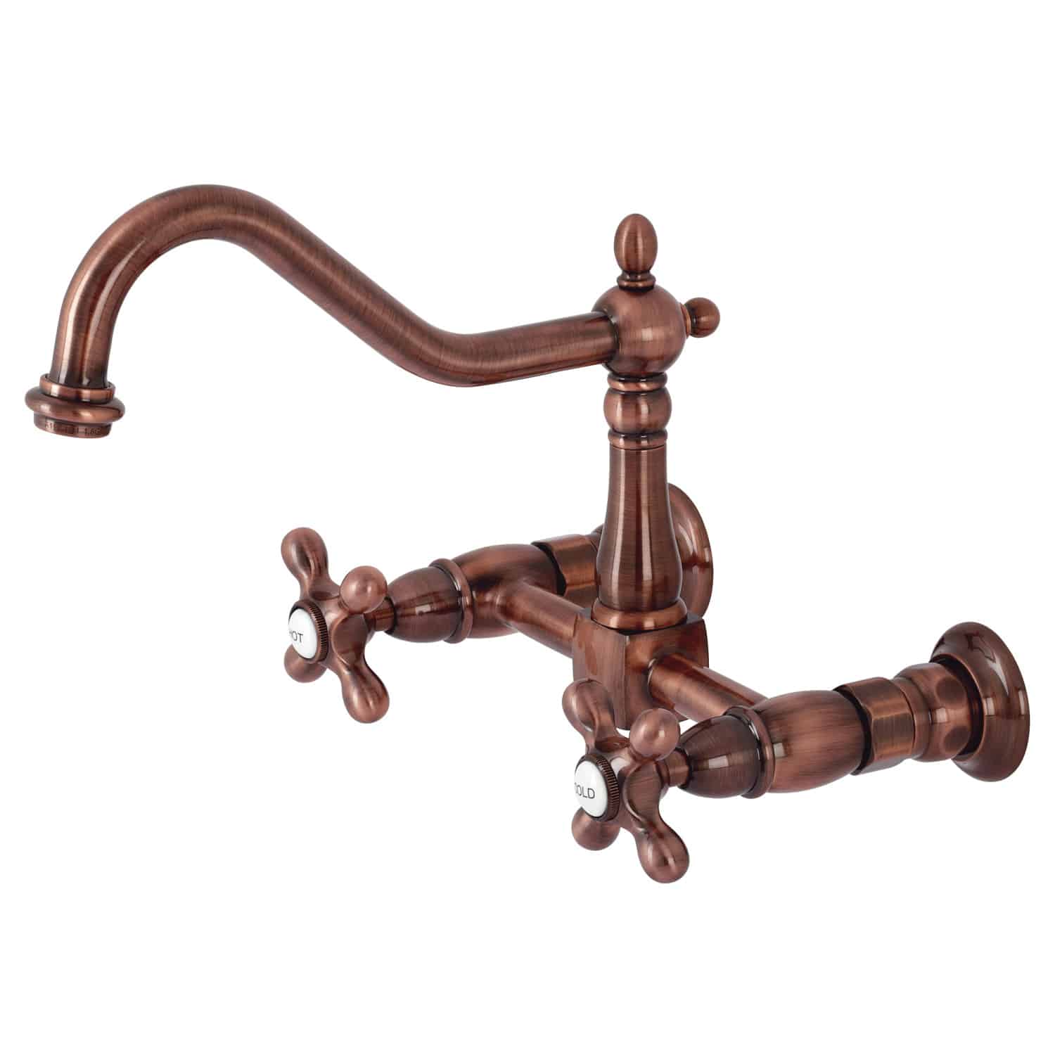 Vintage-style Kingston Brass antique copper double-handle 2-hole wall-mount bridge kitchen faucet on a white background