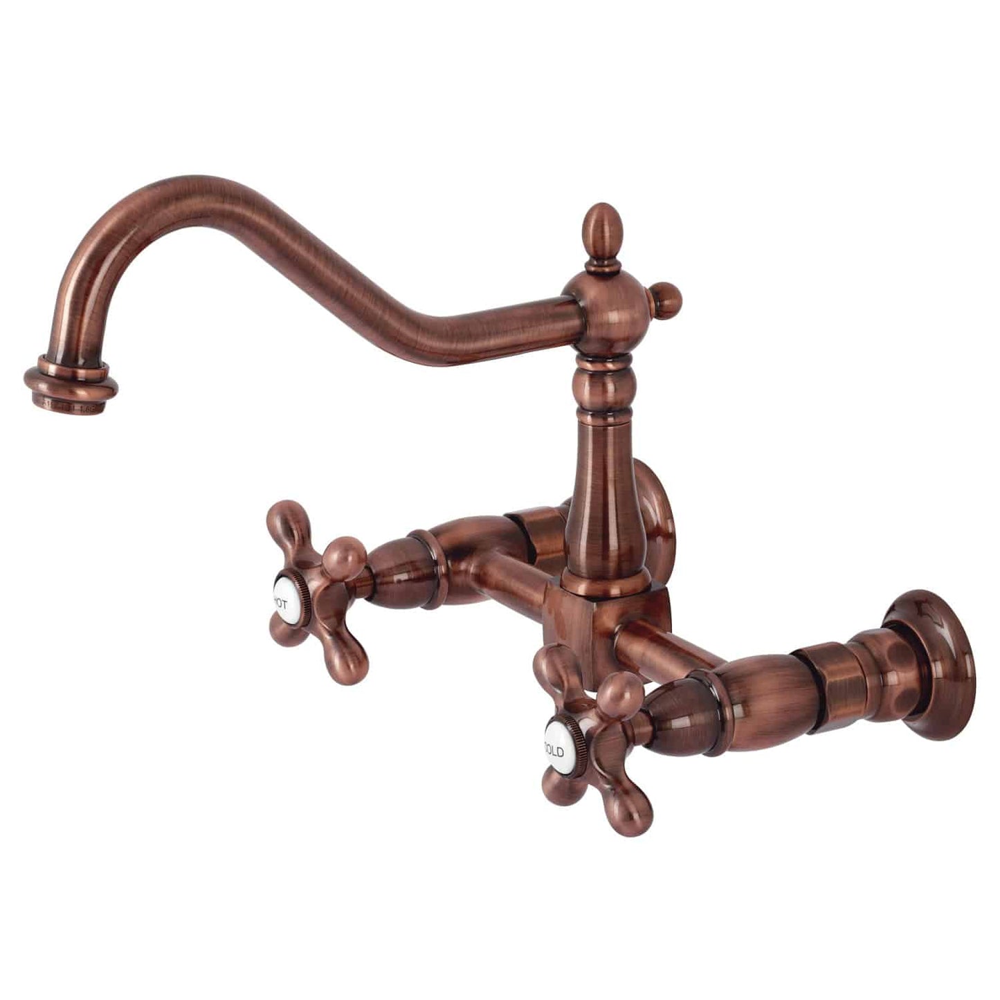 Vintage-style Kingston Brass antique copper double-handle 2-hole wall-mount bridge kitchen faucet on a white background