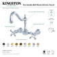 Kingston Kitchen & Bath two-handle wall mount kitchen faucet with features and finish options displayed.