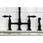 Kingston Brass KS1270ALBS matte black kitchen bridge faucet set against a white tiled wall