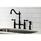 Kingston Brass KS1270ALBS matte black kitchen faucet with lever handles on a white tiled wall background