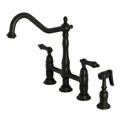 KINGSTON Brass Heritage Bridge Kitchen Faucet with Brass Sprayer in matte black finish, featuring elegant Victorian-style design.