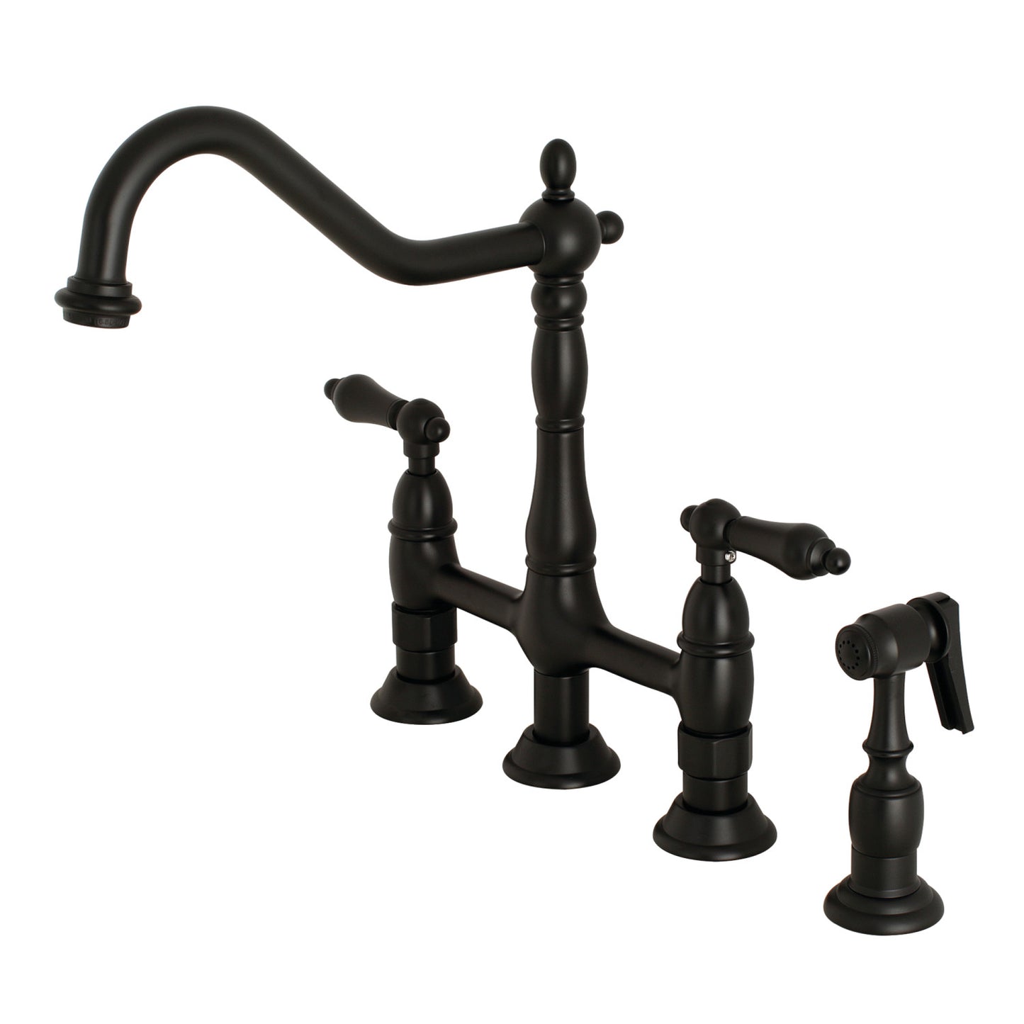 KINGSTON Brass Heritage Bridge Kitchen Faucet with Brass Sprayer in matte black finish, featuring elegant Victorian-style design.
