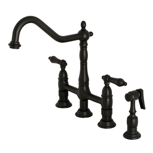 KINGSTON Brass Heritage Bridge Kitchen Faucet with Brass Sprayer in matte black finish, featuring elegant Victorian-style design.