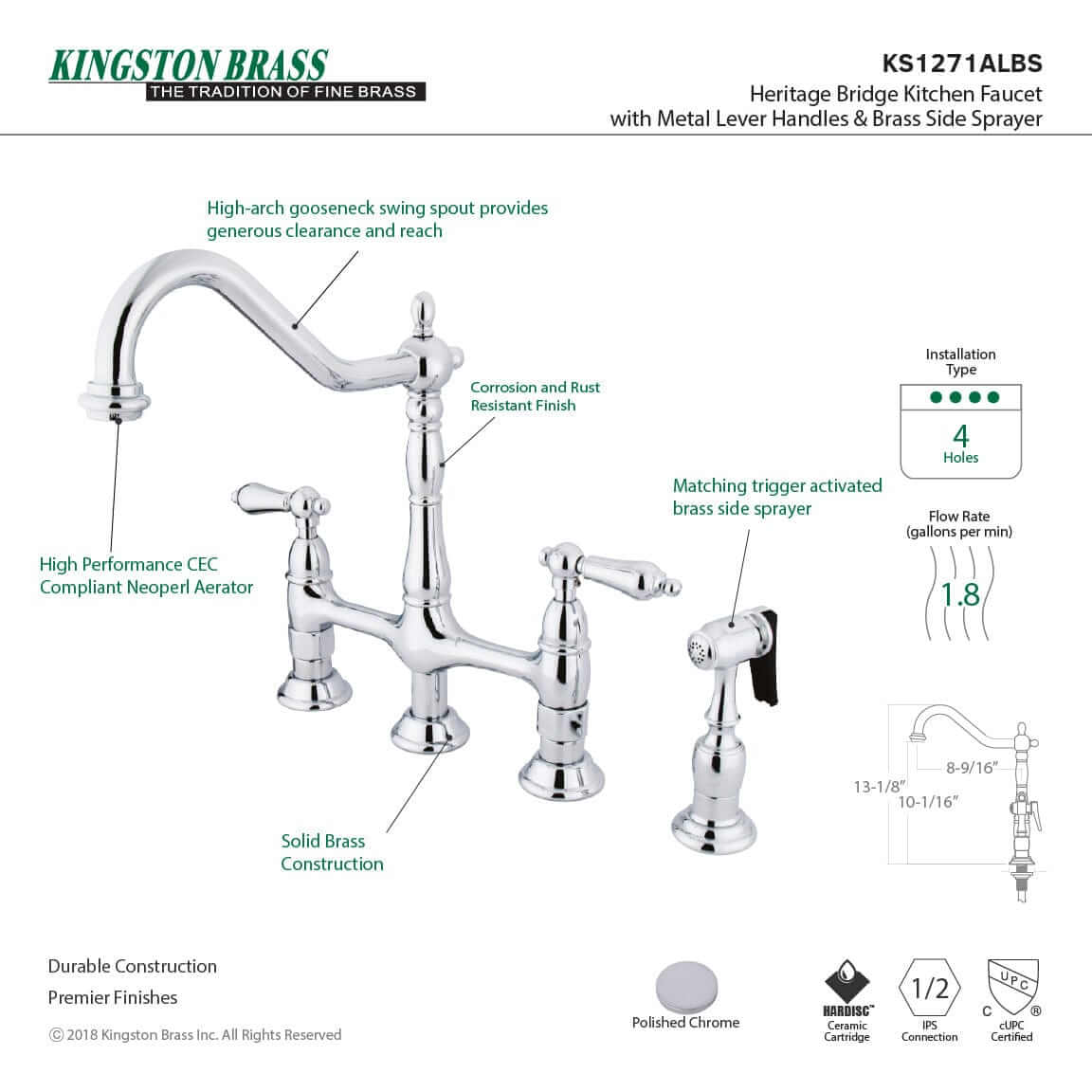 KINGSTON Brass Heritage Bridge Kitchen Faucet with Brass Sprayer, left side view showcasing sprayer and lever handles.