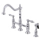 KINGSTON Brass Heritage Bridge Kitchen Faucet with Brass Sprayer, left side view showcasing traditional design and sprayer.