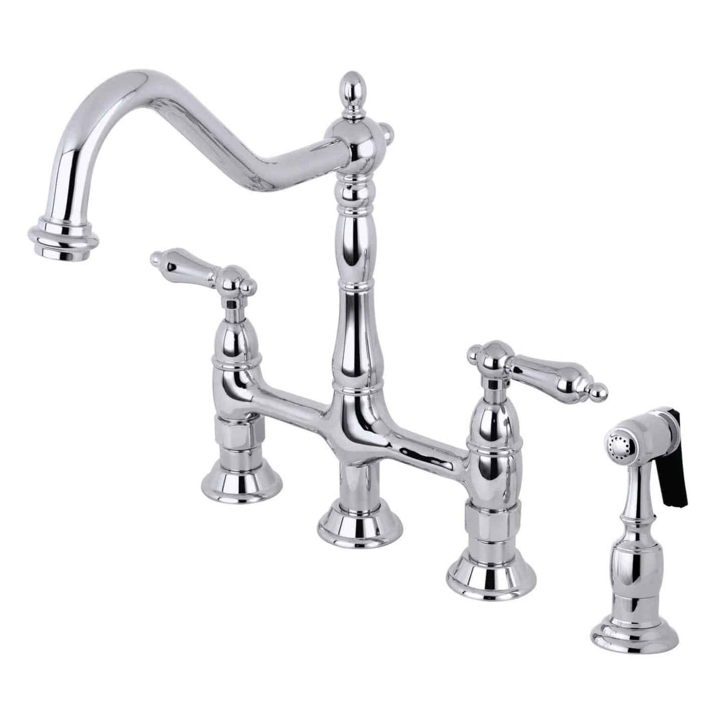 KINGSTON Brass Heritage Bridge Kitchen Faucet with Brass Sprayer, left side view showcasing traditional design and sprayer.