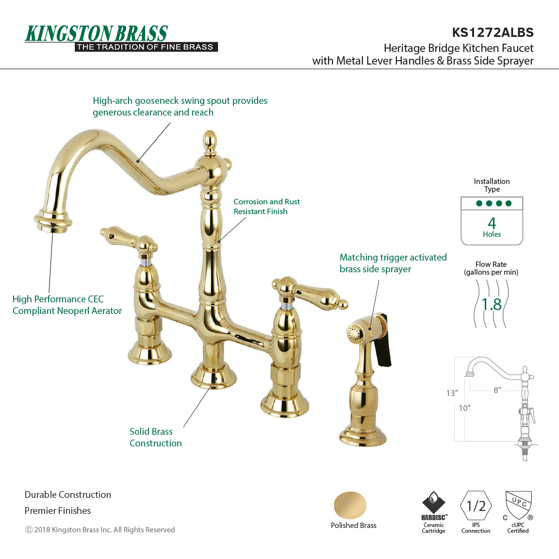 KINGSTON Brass Heritage Bridge Kitchen Faucet with Brass Sprayer - right side view highlighting details and features.