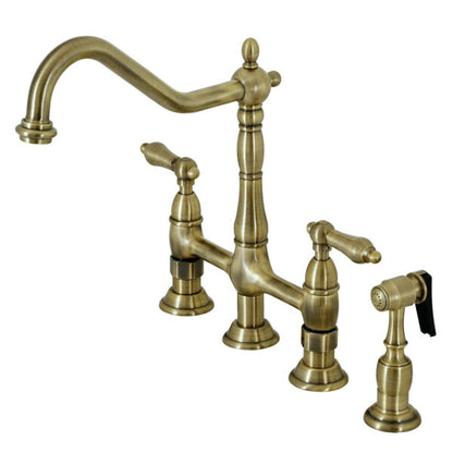 KINGSTON Brass Heritage Bridge Kitchen Faucet with Brass Sprayer in antique brass finish, showcasing the bridge design and sprayer.