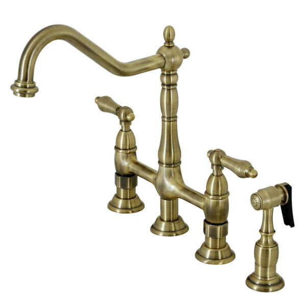 KINGSTON Brass Heritage Bridge Kitchen Faucet with Brass Sprayer in antique brass finish, showcasing the bridge design and sprayer.