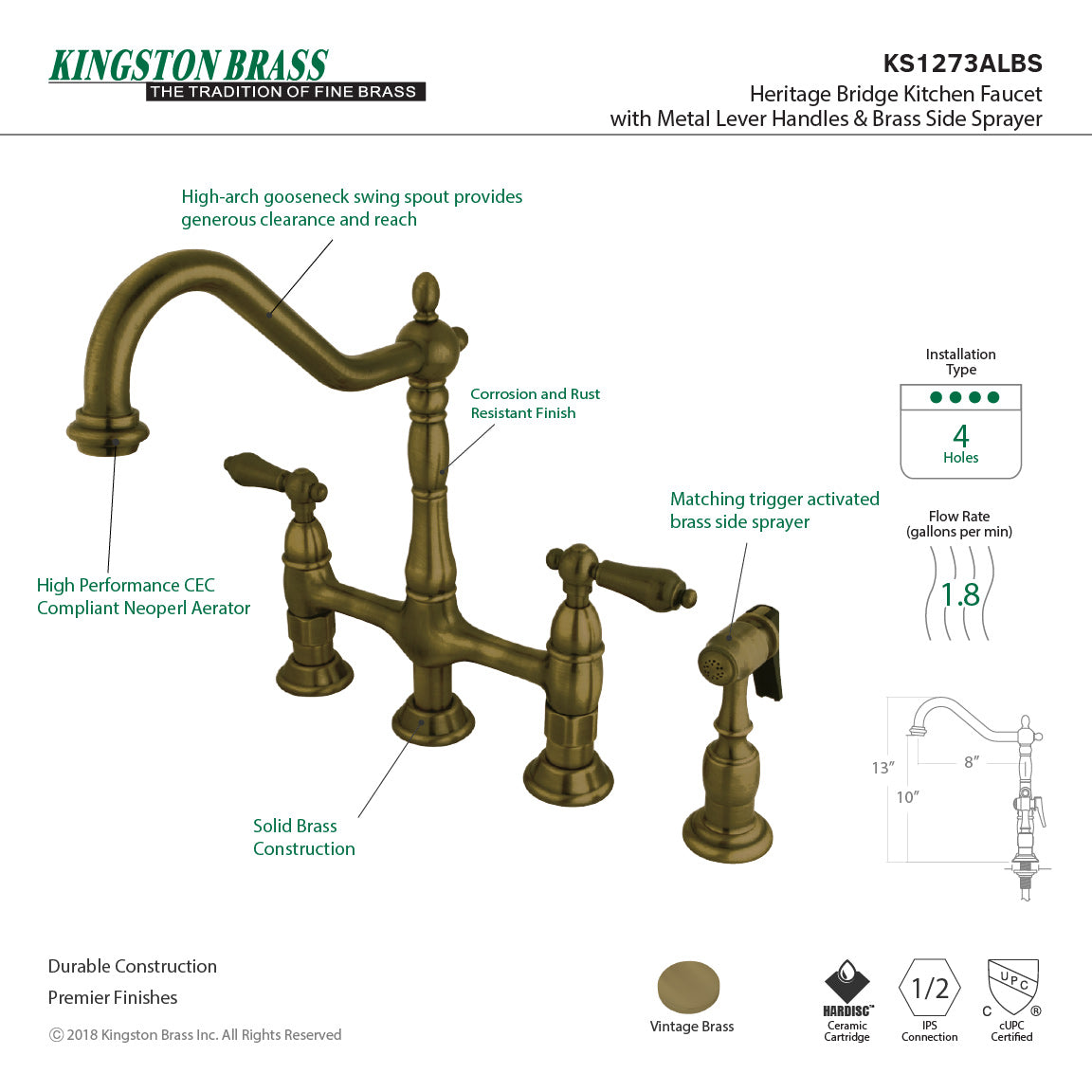 KINGSTON Brass Heritage Bridge Kitchen Faucet with Brass Sprayer vintage brass finish top view diagram showing features.