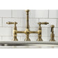 Kingston Brass KS1273ALBS antique brass kitchen bridge faucet with a white tiled backsplash