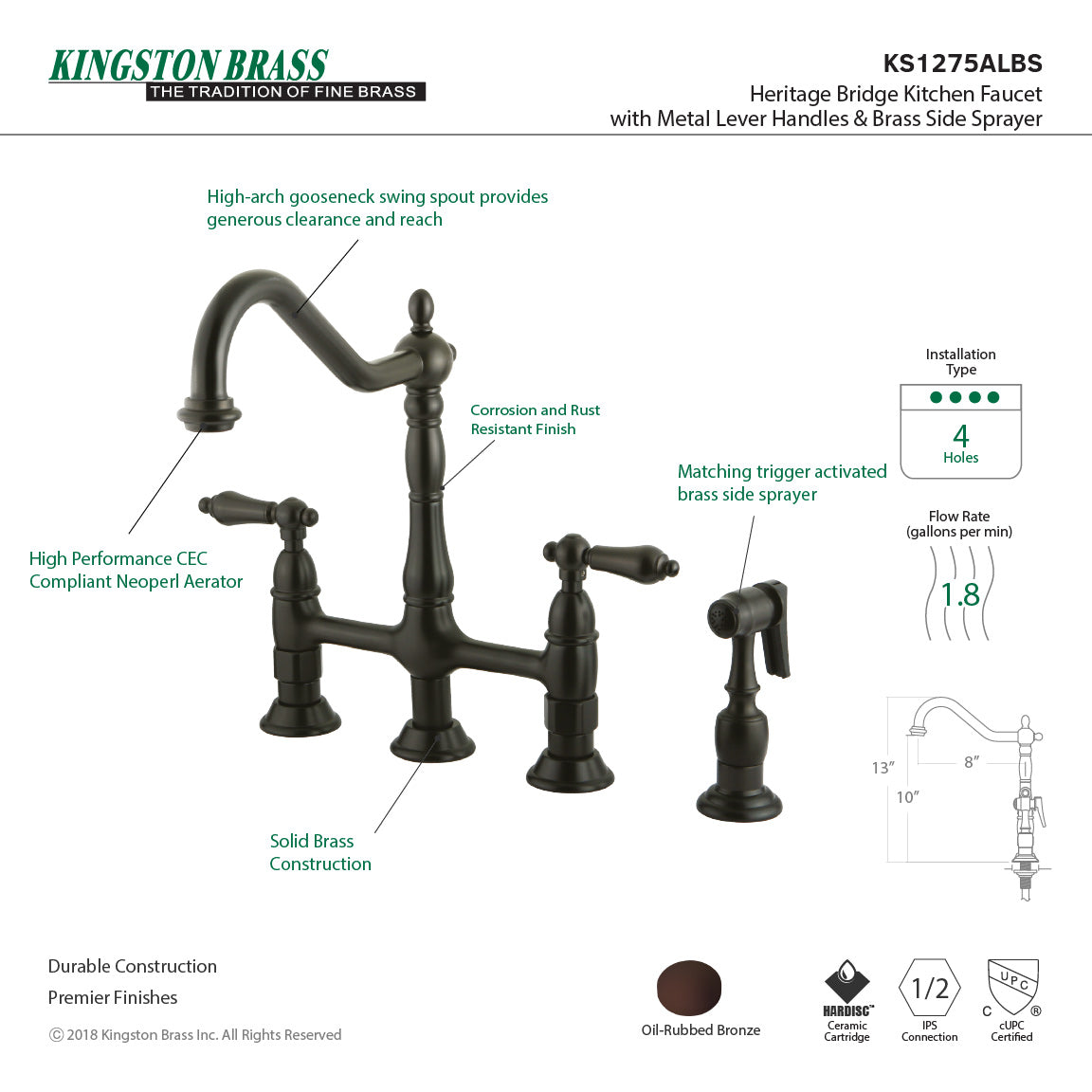 KINGSTON Brass Heritage Bridge Kitchen Faucet with Brass Sprayer high-arch gooseneck spout and brass side sprayer