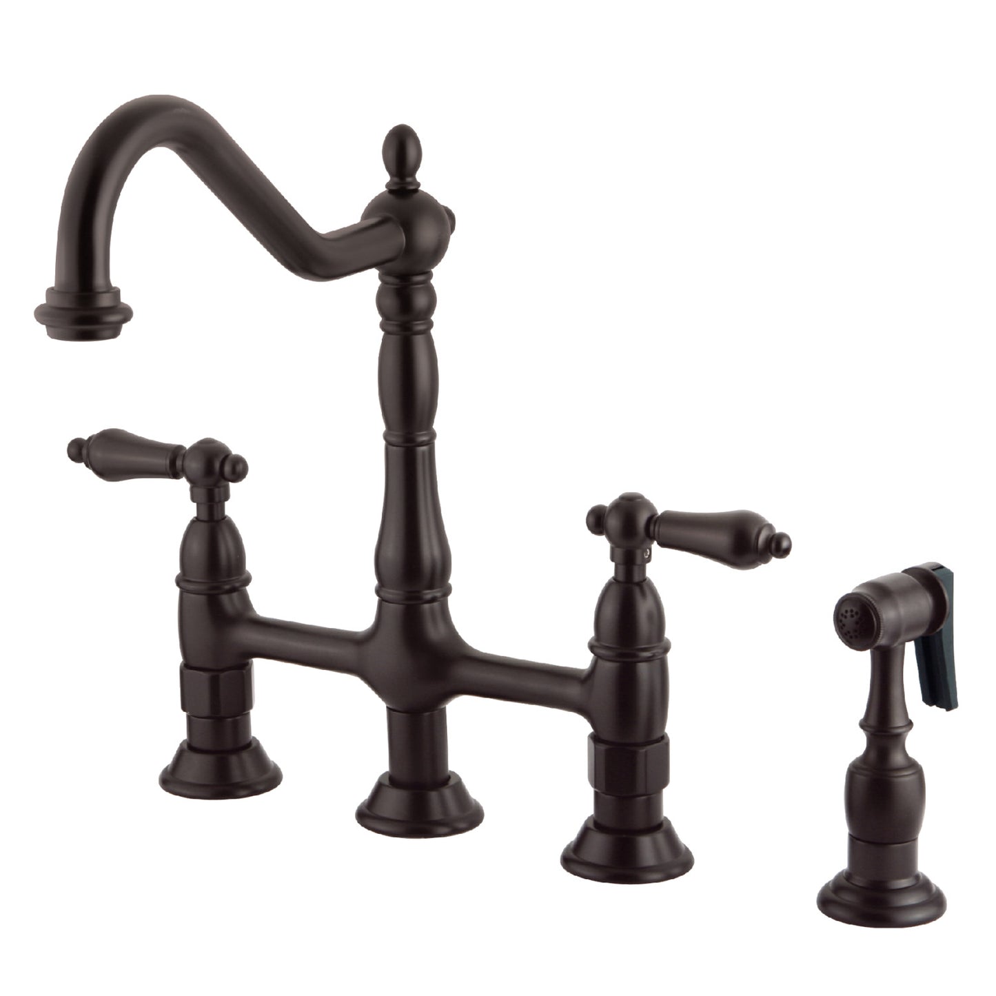 KINGSTON Brass Heritage Bridge Kitchen Faucet with Brass Sprayer in oil rubbed bronze from right side view.