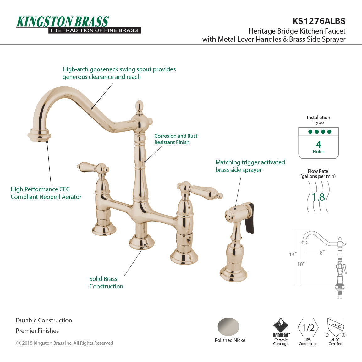 KINGSTON Brass Heritage Bridge Kitchen Faucet with Brass Sprayer right side view showcasing high-arch gooseneck spout.