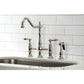Kingston Brass KS1276ALBS polished nickel kitchen faucet and sink against a white tiled wall