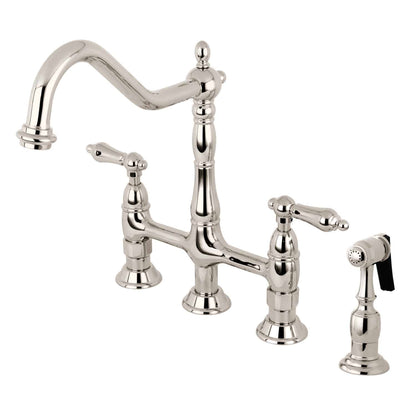 KINGSTON Brass Heritage Bridge Kitchen Faucet with Brass Sprayer, polished nickel finish, right side view.