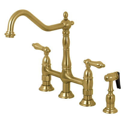 KINGSTON Brass Heritage Bridge Kitchen Faucet with Brass Sprayer in brushed brass view of faucet and sprayer unit