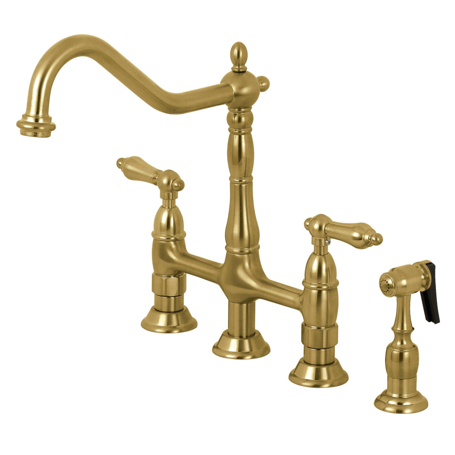KINGSTON Brass Heritage Bridge Kitchen Faucet with Brass Sprayer in brushed brass view of faucet and sprayer unit