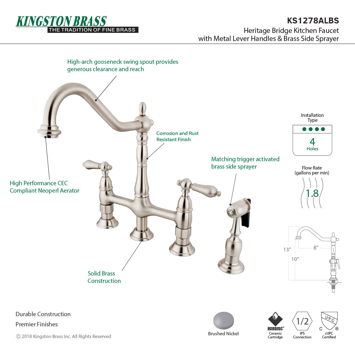 KINGSTON Brass Heritage Bridge Kitchen Faucet with Brass Sprayer in brushed nickel with high-arch gooseneck and side sprayer.