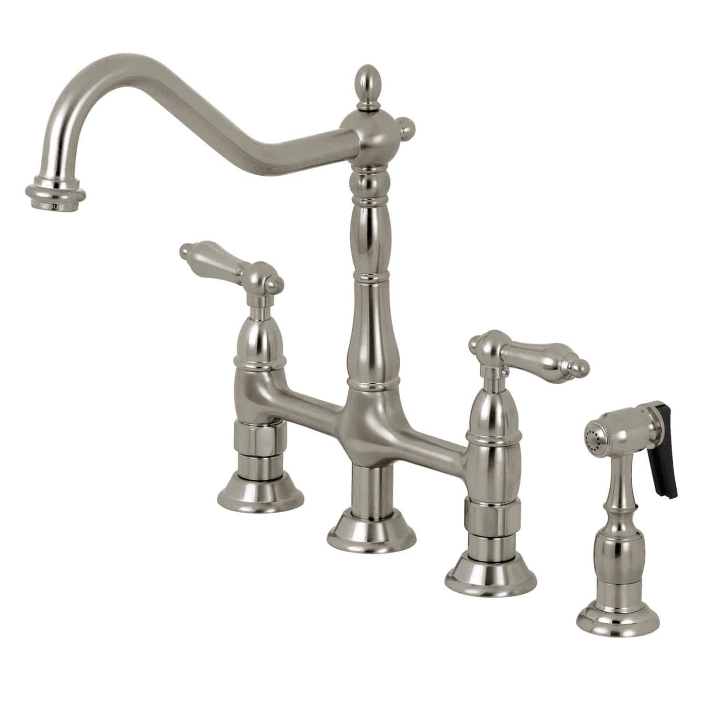 KINGSTON Brass Heritage Bridge Kitchen Faucet with Brass Sprayer in brushed nickel right side view