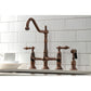 Kingston Brass KS127ALBSAC antique copper vintage style kitchen bridge faucet set against a white tiled wall