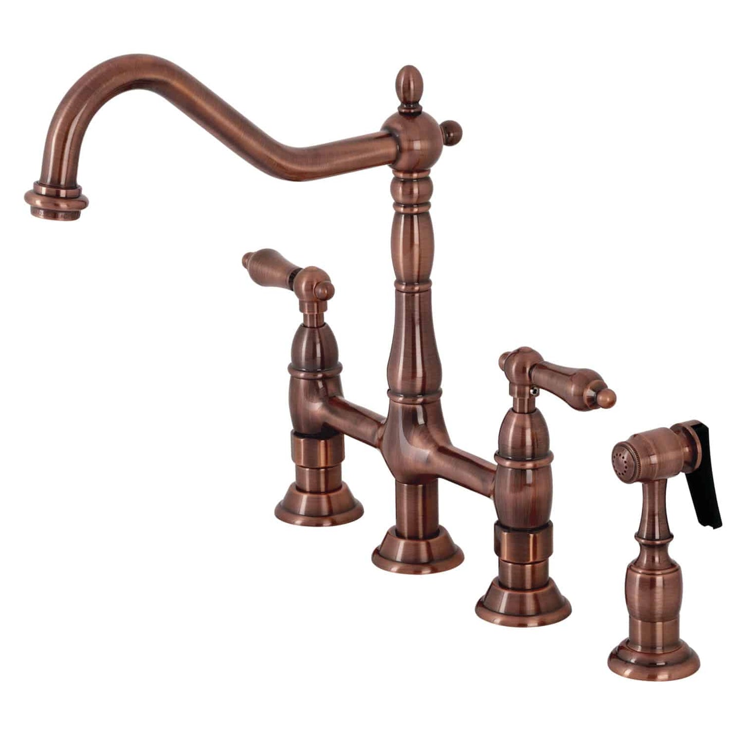 KINGSTON Brass Heritage Bridge Kitchen Faucet with Brass Sprayer in antique copper, showcasing stylish traditional design.