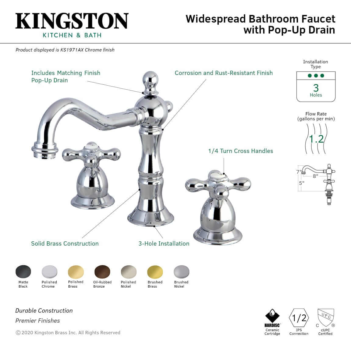 KINGSTON Brass 8" Widespread Bathroom Faucet - Matte Black