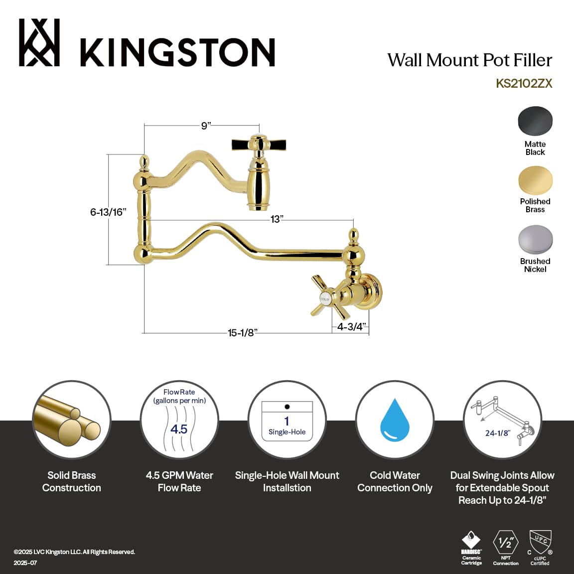 Kingston Brass KS210XZX-P Two-Handle 1-Hole Wall Mount Pot Filler Faucet detailed dimensions and features diagram.