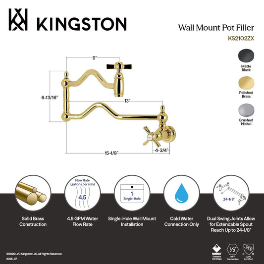 Kingston Brass KS210XZX-P Two-Handle 1-Hole Wall Mount Pot Filler Faucet detailed dimensions and features diagram.