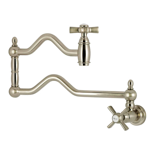 Kingston Brass KS210XZX-P Two-Handle 1-Hole Wall Mount Pot Filler Faucet, angled view showcasing elegant Art Deco design.