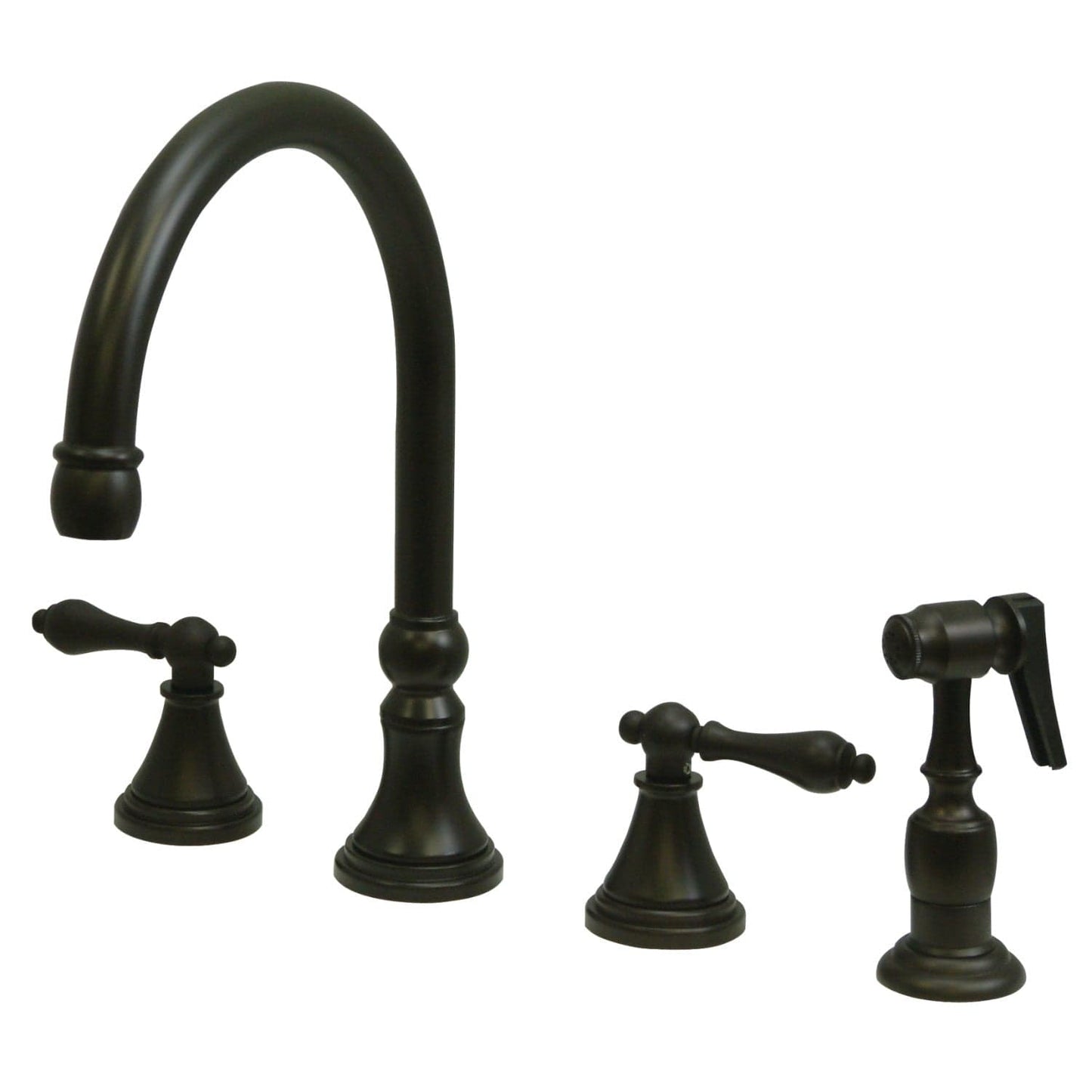 KINGSTON Brass Widespread Kitchen Faucet with Side Sprayer - KS2798ALBS in oil rubbed bronze finish, showcasing spout and handles.