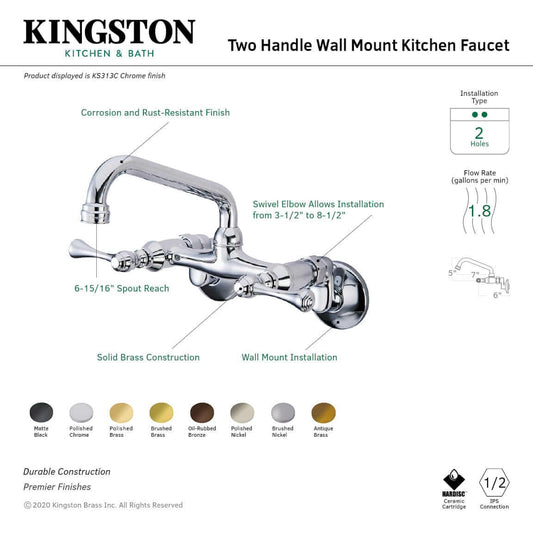 KINGSTON Brass Kingston Two Handle Wall Mount Kitchen Faucet - Polished Chrome