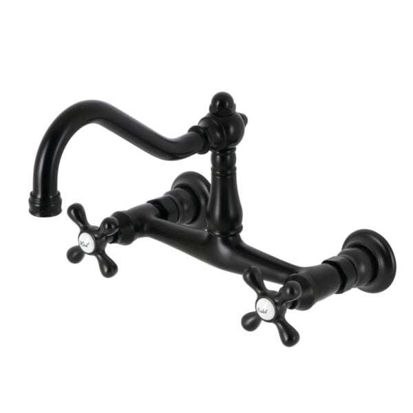 KINGSTON Brass Vintage Wall Mount Bathroom Faucet - KS3245AX in matte black, showcasing elegant design and cross handles.