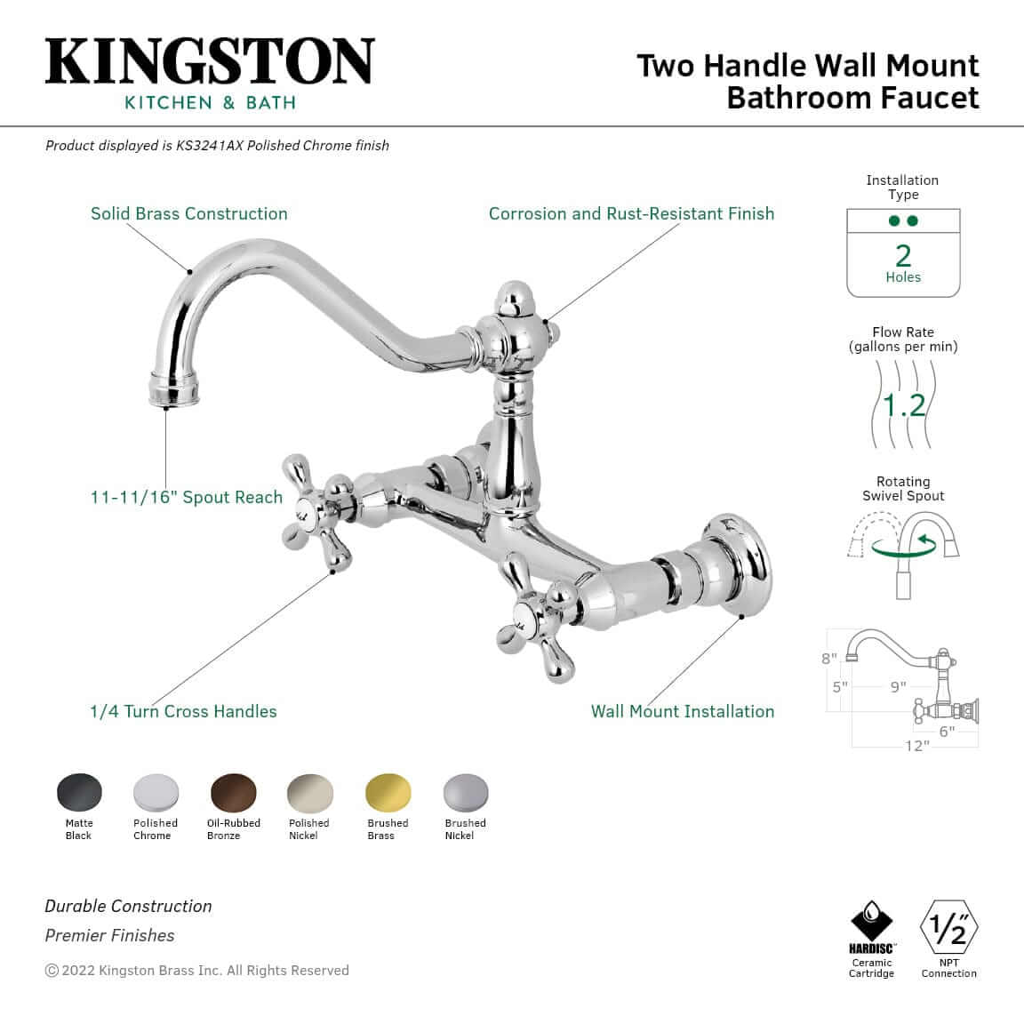 KINGSTON Brass Vintage Wall Mount Bathroom Faucet - KS3245AX left side view showcasing design features and functionality.