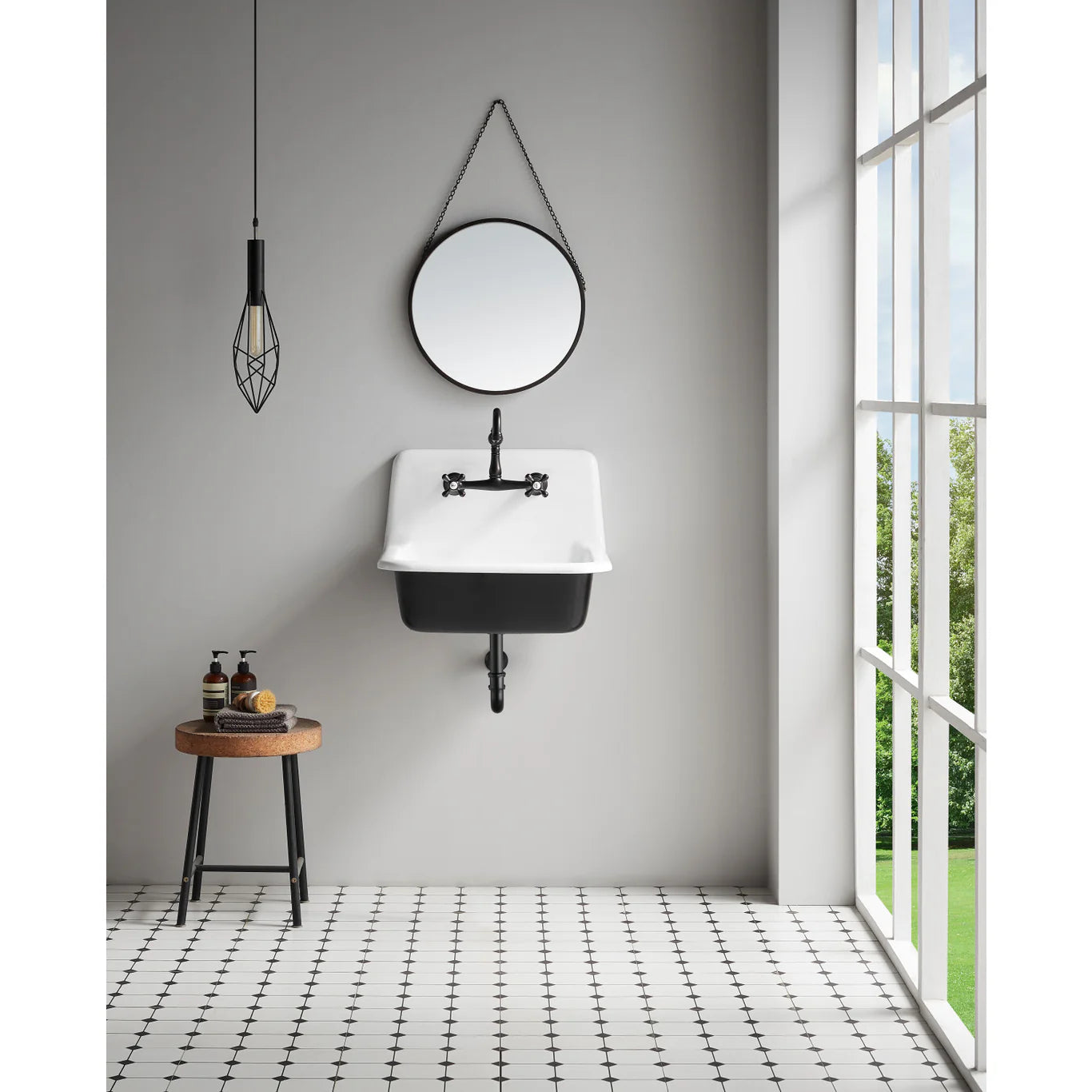 Bathroom with KINGSTON Brass KS3245AZ oil rubbed bronze faucet on wall-mounted sink, round mirror, and wooden stool.