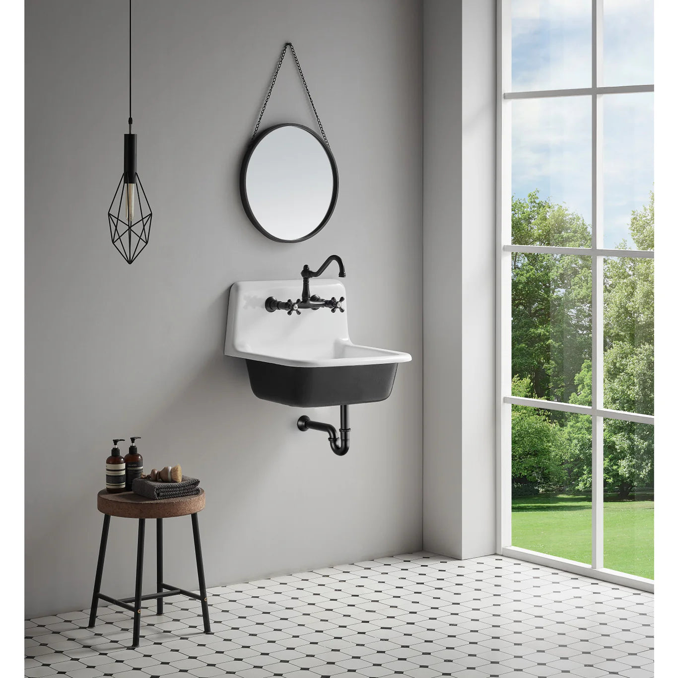 Bathroom with KINGSTON Brass KS3245AZ oil rubbed bronze wall-mounted bathroom faucet, sink, round mirror, and stool by a large window.