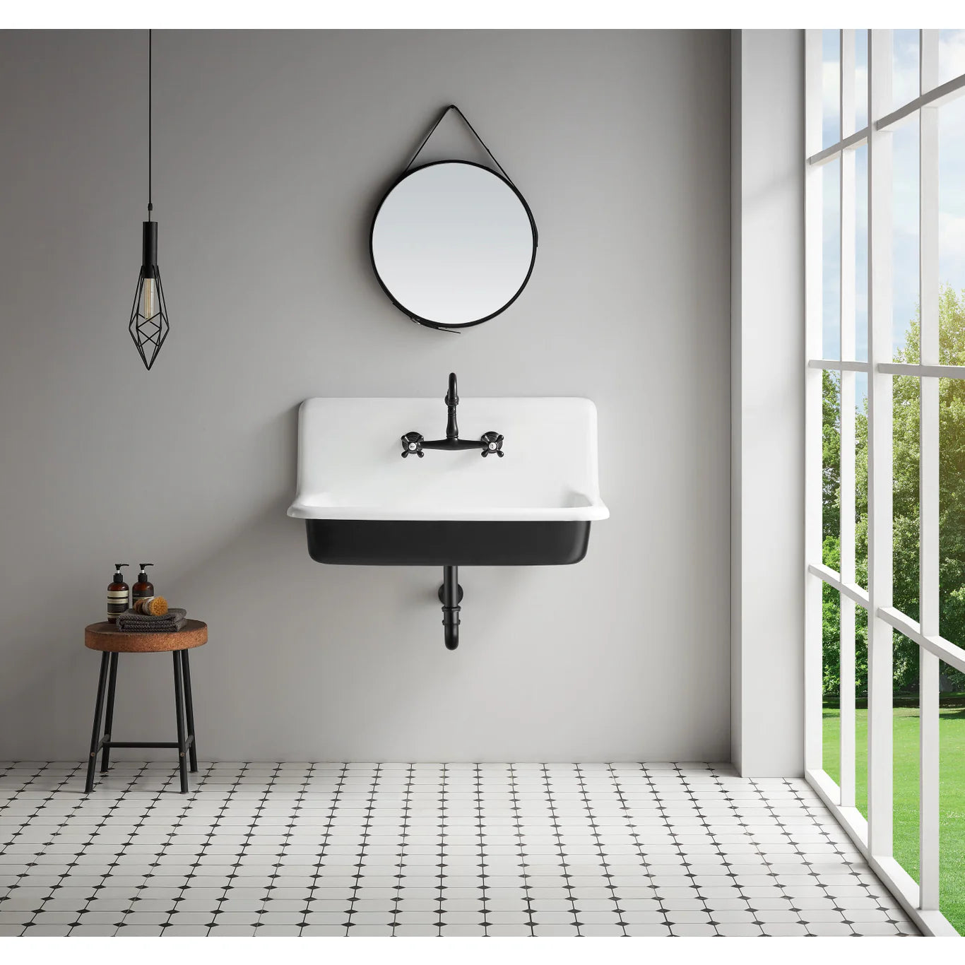 Modern bathroom with white sink,KINGSTON Brass KS3245AZ oil rubbed bronze bathroom faucet and round mirror on gray wall.