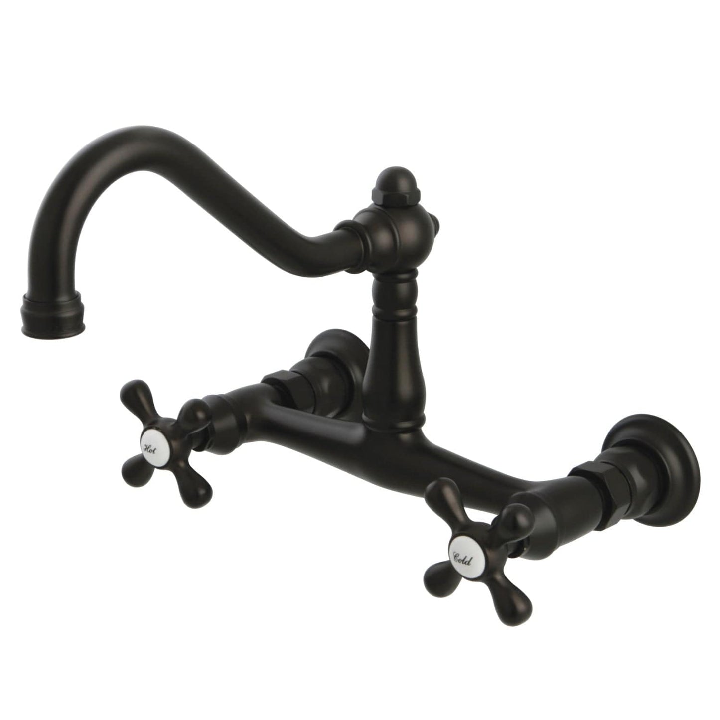 KINGSTON Brass Vintage Wall Mount Bathroom Faucet - KS3245AX right side view with dual cross handles in oil rubbed bronze finish