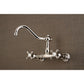 Kingston Brass KS3246AX Polished Nickel  wall-mounted kitchen faucet on a brown background